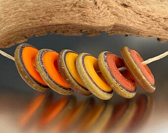 Rustic Disks - (6) Handmade Lampwork Beads - Orange, Red