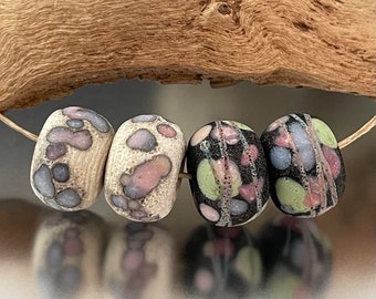 Rustic Sedona Nuggets- (4) Handmade Lampwork Beads - Pink, Green, Black