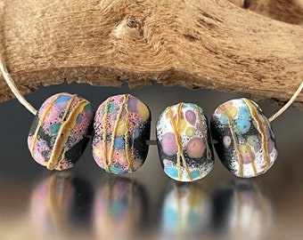 Rustic Sedona Nuggets- (4) Handmade Lampwork Beads - Pink, Black