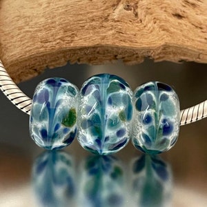 BHB Set Big Holed Beads 3 Handmade Lampwork Beads Blue, Teal, White image 1