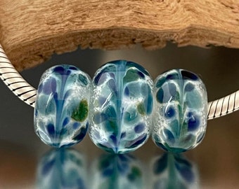 BHB Set - Big Holed Beads - (3) Handmade Lampwork Beads - Blue, Teal, White