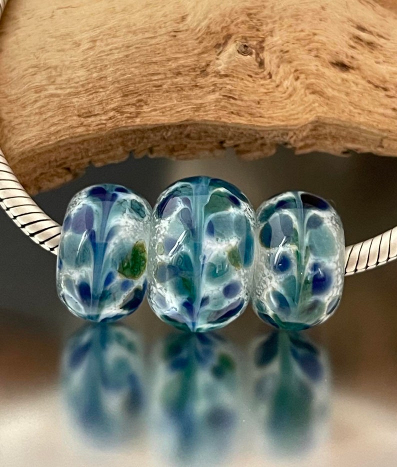 BHB Set Big Holed Beads 3 Handmade Lampwork Beads Blue, Teal, White image 1