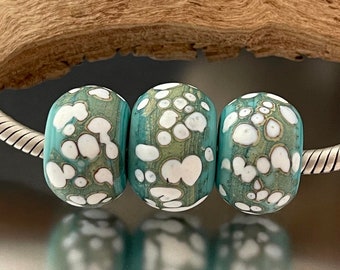 BHB Set - Big Holed Beads - (3) Handmade Lampwork Beads - Mint, White - Matte, Etched