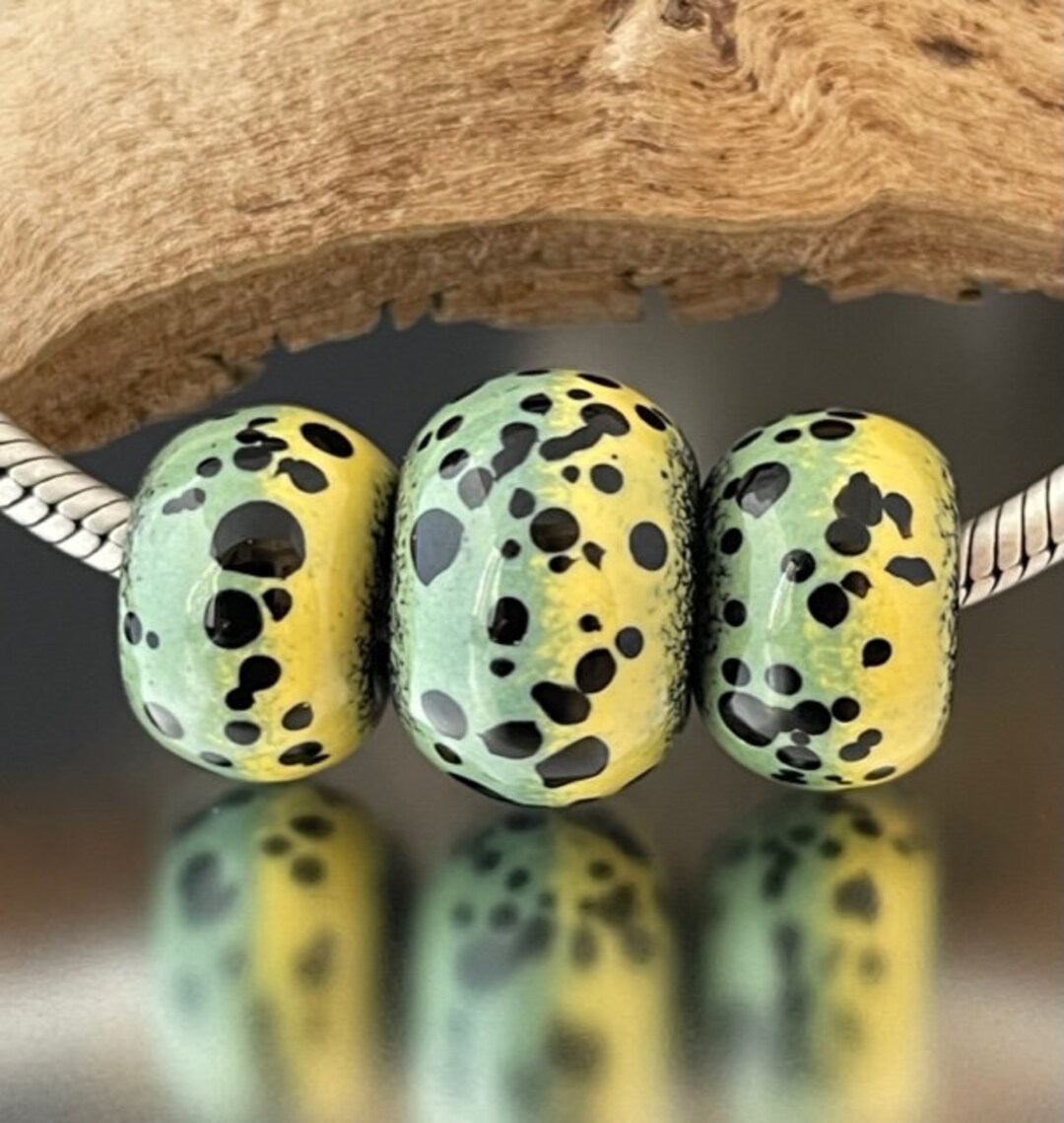 BHB Set Big Holed Beads 3 Handmade Lampwork Beads Green, Yellow, Black ...