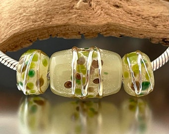 BHB Set - Big Holed Beads - (3) Handmade Lampwork Beads - Olive, Silver - 5mm Hole