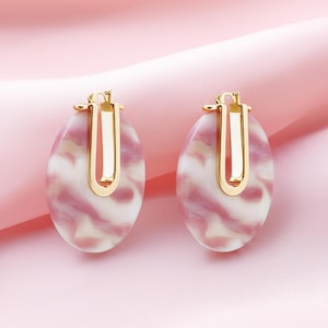 Pink White Resin Drop Earrings | Gold U-Shape Oval Statement Earrings | Marble Effect Lightweight Dangle Jewelry