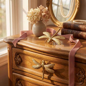 Peut inclure: Une commode en bois avec des poignées de tiroir en forme de libellule dorée et une figurine décorative de libellule dorée. Un petit vase avec des fleurs séchées et un ruban rose sont posés dessus. Un miroir doré et des livres sont en arrière-plan.