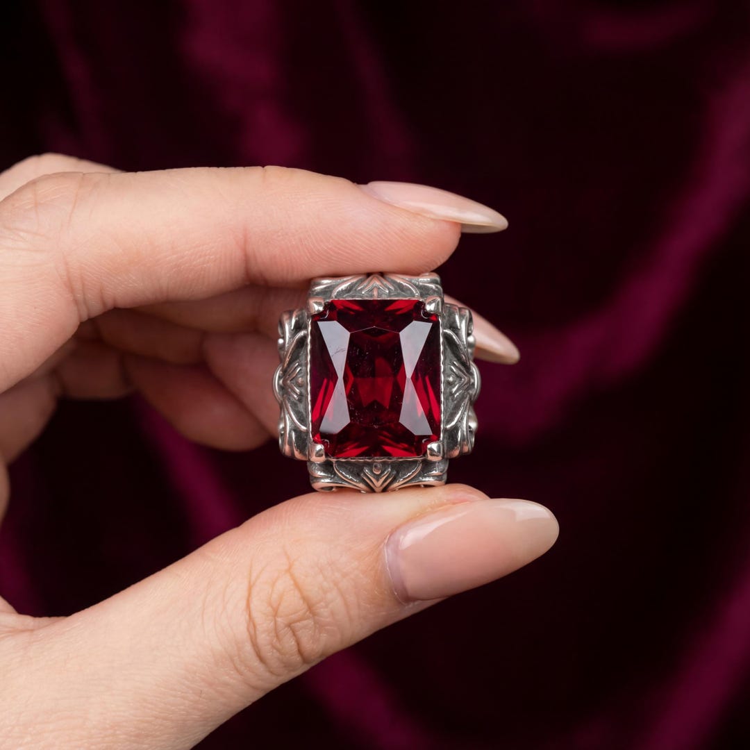 Bague En Argent Sterling 925 Avec Grenat Rouge - Style Gothique Fleur De Lys - Taille 8.5 - Fait Main Thaïlande