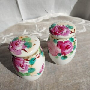 Antique Porcelain Salt & Pepper Shaker Set. Hand Painted with Pink Florals.