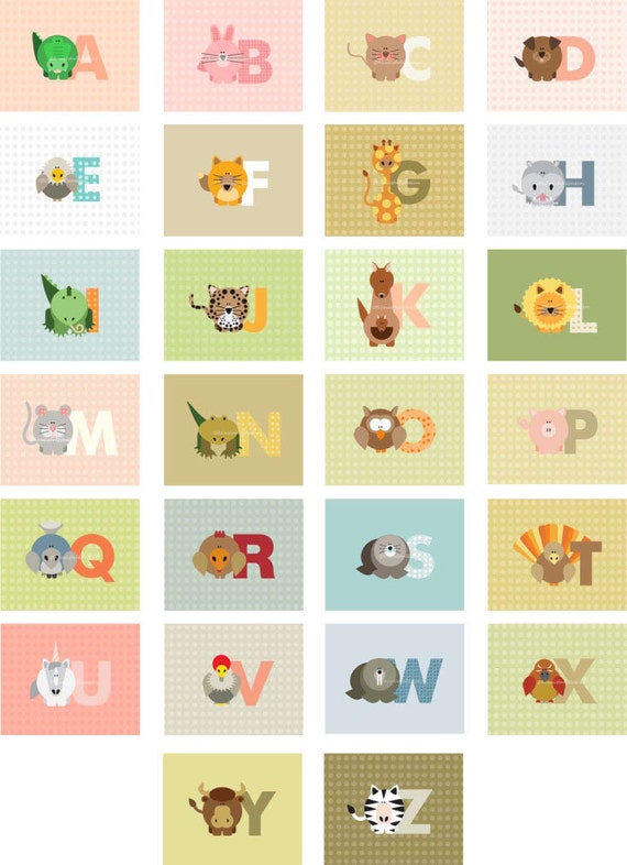 Items similar to Set of 26 Prints - A-Z Alphabet Animals Illustrations ...