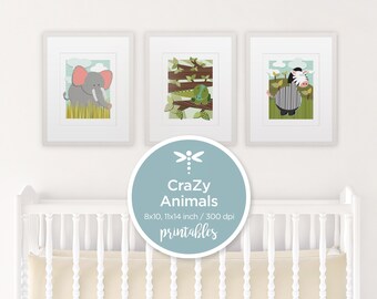 Nursery Print Set of 3, Safari Illustrations, Elephant, Hippo, Kangaroo, Animals, Printable Wall Art, Children Room Decor, Instant Download