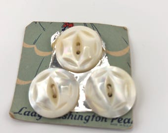 Beautiful Hand Carved Antique Pearl Shell Buttons Set 3 Piece of Original Card Lady Washington Pearls