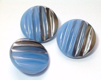 3 Vintage Blue Glass Buttons Set Ribbed Silvered  22mm