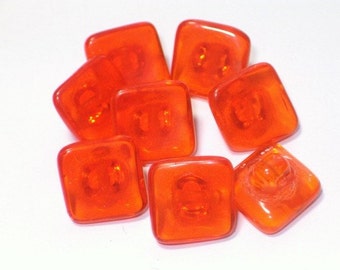 8 Clear Bright Orange Vintage Square Glass Buttons Transparent Glass 10mm Set