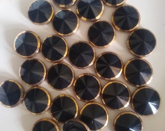 25 Vintage Black Glass Flatbacks  Gilded Edge, Never Used Buttons without shanks