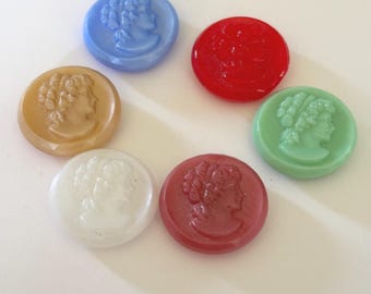 6 Glass Cameos flatbacks for Jewelry. Buttons that Never had shanks applied. assorted colors