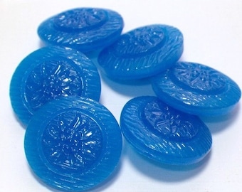 Blue Vintage Glass Buttons Flower Buttons 18mm Set 6 Sewing Buttons