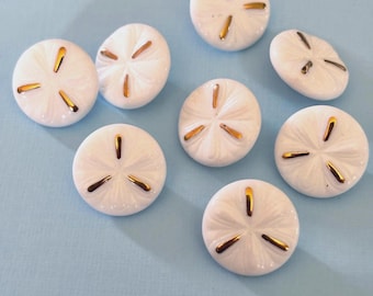 8 Bright White Glass Vintage Buttons Molded Top Design Gold Accents