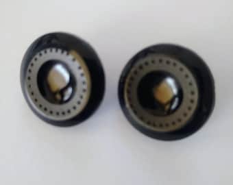 Set of 2 Vintage Black Glass Buttons 7/8" Metal Plate and Loop Shank