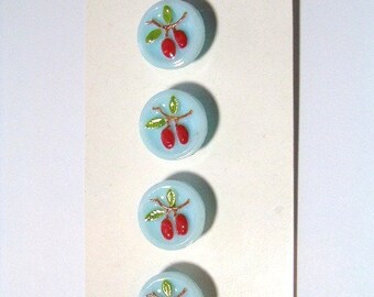 Vintage Antique  Blue Glass Schwanda Red Fruit Buttons Set Original Card
