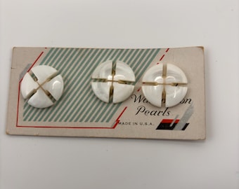3 Antique Shell Buttons On Piece of Original Card Washington Pearls
