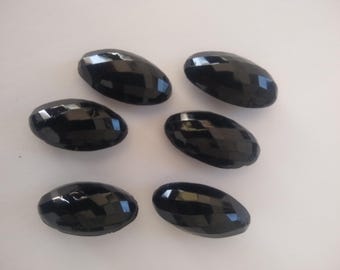 6 Antique Black Glass Buttons with Brass Plate and Loop Shanks