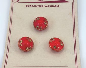 Vintage Red Glass Buttons Hand Painted Flowers Original Card Western Germany Supreme Quality Brand