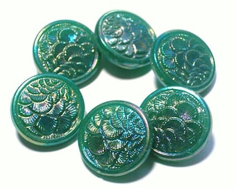 6 Fabulous Vintage Green Glass Buttons 19mm Collectible Buttons Light Aurora Borealis Luster