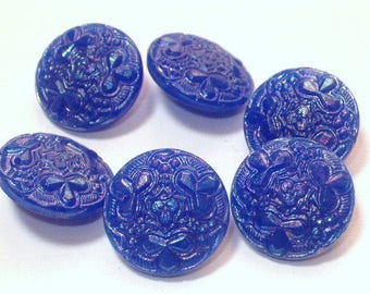 6 Blue AB Peacock Glass Vintage Buttons 19mm Wonderful Aurora Borealis Set Collectible Sewing Buttons