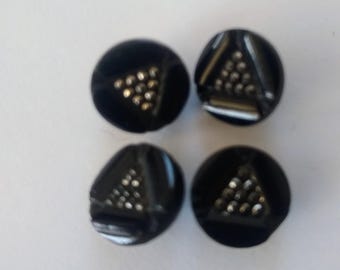 Set 4 Antique Buttons Black Glass with Tiny Silver Facets in the center