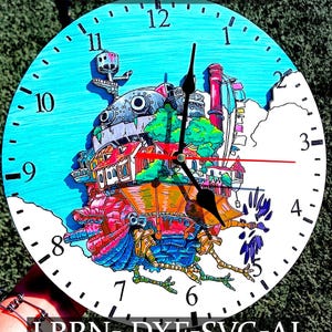 Puede incluir: Un reloj de pared redondo con una ilustración caprichosa de una colorida y fantástica escena urbana contra un cielo azul. La esfera del reloj presenta manecillas negras, un borde blanco con números negros y el texto "ARCHIVO DIGITAL" y "LBRN- DXF-SVG-AI".