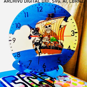 Zegar dwuwarstwowy przedstawiający wesoły statek, pliki mdf jednoczęściowe svg, dxf, ai, lbrn2