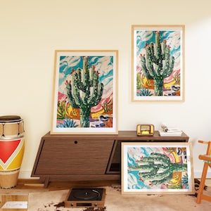 Disco Cactus Framed Wall Art, Saguaro Print, Southwest Decor, Colorful Impasto, Boho Home Decor, Botanical Print, Desert Artwork, Oil Pastel