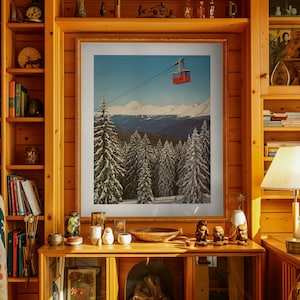 The Alps Framed Wall Art, Ski Lodge Decor, Mountain Wall Art, Vintage Ski, Gondola, Winter Landscape, Cabin Decor, Snow Scene, Red Accent