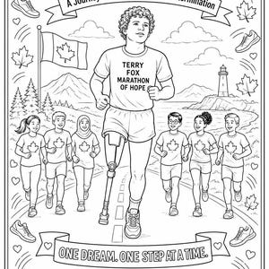 Op de afbeelding: Een zwart-wit kleurplaat met de titel TERRY FOX RUN A Journey of Courage, Hope & Determination. Het toont een hardloper met een beenprothese in een TERRY FOX MARATHON OF HOPE shirt, omringd door kinderen, een Canadese vlag en esdoornbladeren.