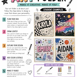 Pode incluir: Um cartaz instrutivo intitulado DESIGN YOUR ART FOLDER com cinco passos numerados para decorar uma pasta. Inclui quatro exemplos de estudantes chamados Kayla, Jayden, Emily e Aidan, além de ilustrações de materiais de arte.
