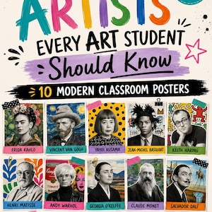 Op de afbeelding: Een set van 10 moderne klaslokaalposters getiteld Famous Artists Every Art Student Should Know. De posters bevatten portretten van Frida Kahlo, Vincent van Gogh, Yayoi Kusama, Jean-Michel Basquiat, Keith Haring, Henri Matisse, Andy Warhol, Georgia O'Keeffe, Claude Monet en Salvador Dalí.
