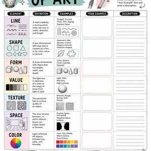 May include: An educational worksheet titled Elements of Art featuring a table with columns for element, definition, examples, your example, and description. It lists line, shape, form, value, texture, space, and color with illustrations and text.