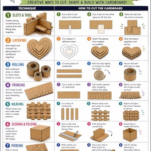 May include: An instructional infographic titled Cardboard Techniques featuring seven methods for crafting with cardboard: slots and tabs, layering, rolling, fringing, weaving, scoring and folding, and piercing. Each section includes numbered steps and illustrations.