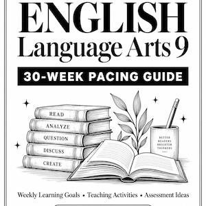 Op de afbeelding: Een zwart-wit educatief document getiteld British Columbia Curriculum English Language Arts 9 30-Week Pacing Guide. Het bevat een stapel boeken met de labels Read, Analyze, Question, Discuss, Create, een open boek, een plant en een pennenhouder.