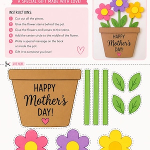May include: A Mother's Day flower pot craft kit with instructions. The kit includes cut-out pieces for a flower pot, flowers, leaves, and stems. The text "Happy Mother's Day" is visible on the pot. The kit is designed to be a special gift made with love.