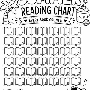 May include: A black and white printable summer reading chart featuring the text SUMMER READING CHART and EVERY BOOK COUNTS. The page includes illustrations of a sun, palm tree, sand bucket, beach ball, starfish, and books with heart icons.