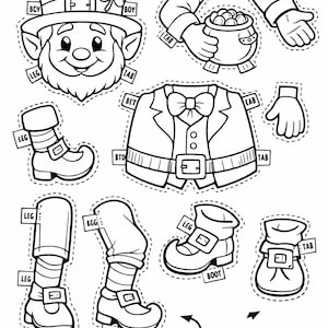 May include: Black and white line art of a leprechaun with various cut-out pieces for assembly. Includes a hat, face, jacket, arms holding a pot of gold, boots, and legs. Text reads "Cut & Assemble Your Leprechaun!" and "Color, Cut Out, and Assemble!"