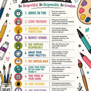 May include: A colorful educational poster titled Art Room Expectations featuring twelve numbered rules with icons, including Arrive on Time, Come Prepared, Progress Over Perfection, Respect Others, Use Supplies Responsibly, and Wash Your Paint Palettes.