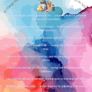 May include: A colorful poster with the text "10 Things Students Should Remember Before Starting an Artwork." The poster includes text about art, creativity, and the artistic process, along with paintbrushes and paint jars.