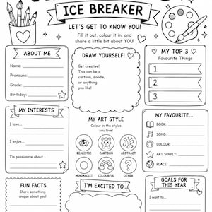 May include: A black and white printable art class ice breaker worksheet featuring sections for personal details, drawing, interests, and goals. The page includes illustrations of paintbrushes, a palette, and a pencil with text prompts.