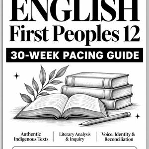 Op de afbeelding: Een zwart-wit educatief document getiteld English First Peoples 12 30-Week Pacing Guide. Het bevat een lijntekening van een open boek, een stapel van twee boeken, een tak met bladeren en een potlood, met tekst over de leerplandoelen.