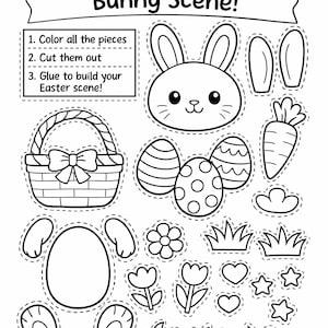 May include: Black and white line art for an Easter craft activity. The image features a bunny head, ears, eggs, a basket, a carrot, flowers, grass, and stars. Text reads "Build Your Own Easter Bunny Scene!" with instructions.