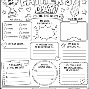 May include: Black and white Father's Day colouring page with the text "Happy Father's Day!" and fill-in-the-blank sections. Includes a trophy, tie, and mug graphic. Ideal for a personalised gift.