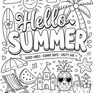 Op de afbeelding: Zwart-wit illustratie met de tekst "Hello Summer" en diverse zomerse elementen. Bevat een lachende zon, een surfplank, een palmboom, een strandstoel, een watermeloen, een zandkasteel, een ananas met hartvormige zonnebril en een kokosdrank.